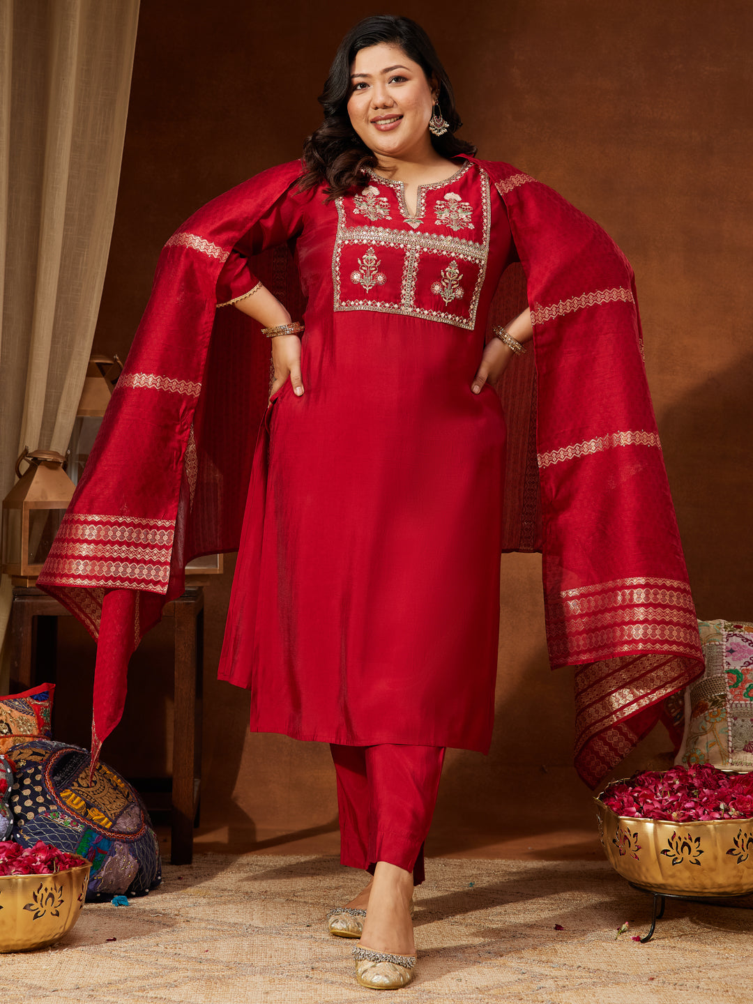 Ninnique Women's Maroon Chanderi Silk Yoke Embroidered Straight Kurta Set