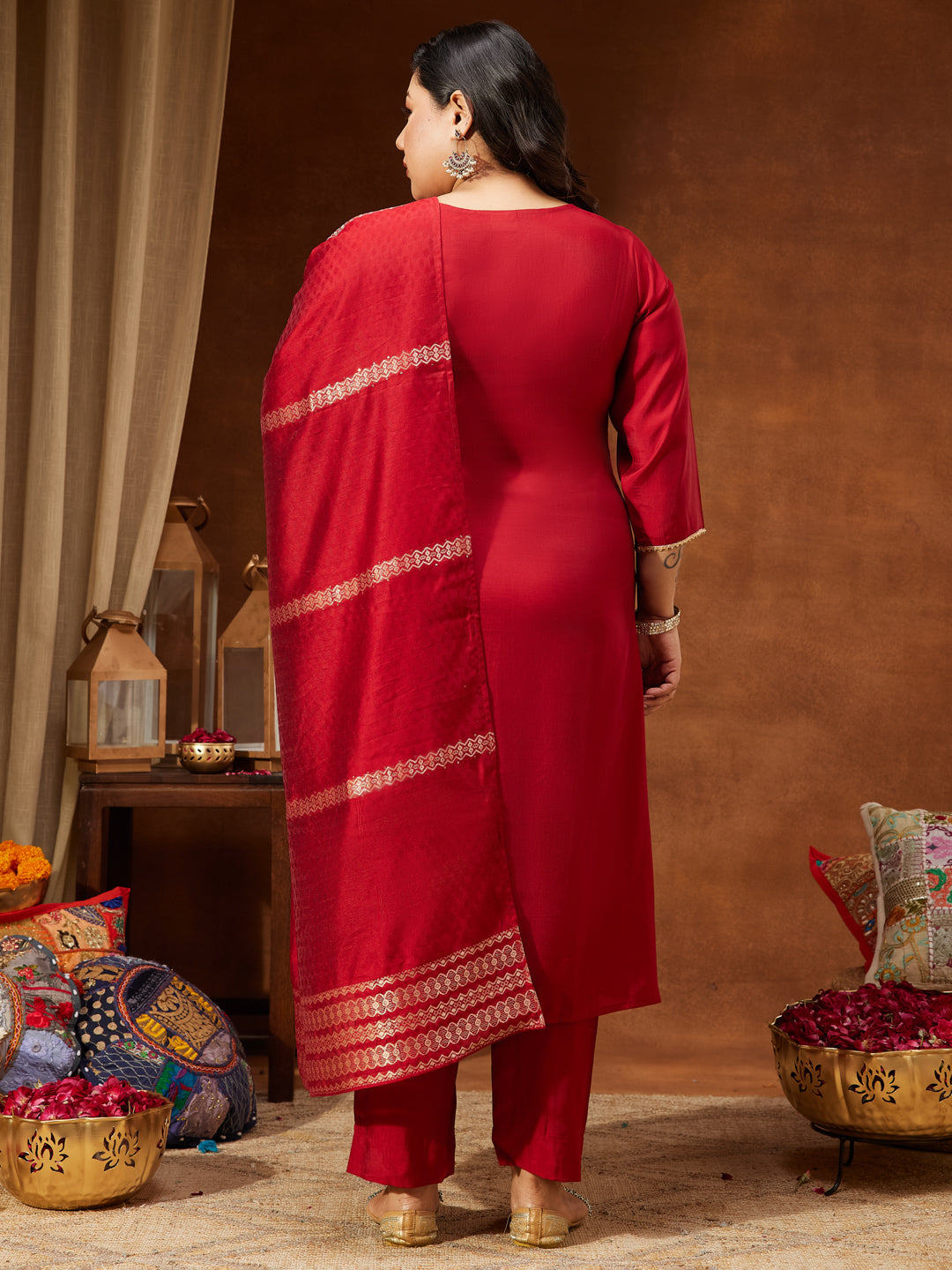 Ninnique Women's Maroon Chanderi Silk Yoke Embroidered Straight Kurta Set
