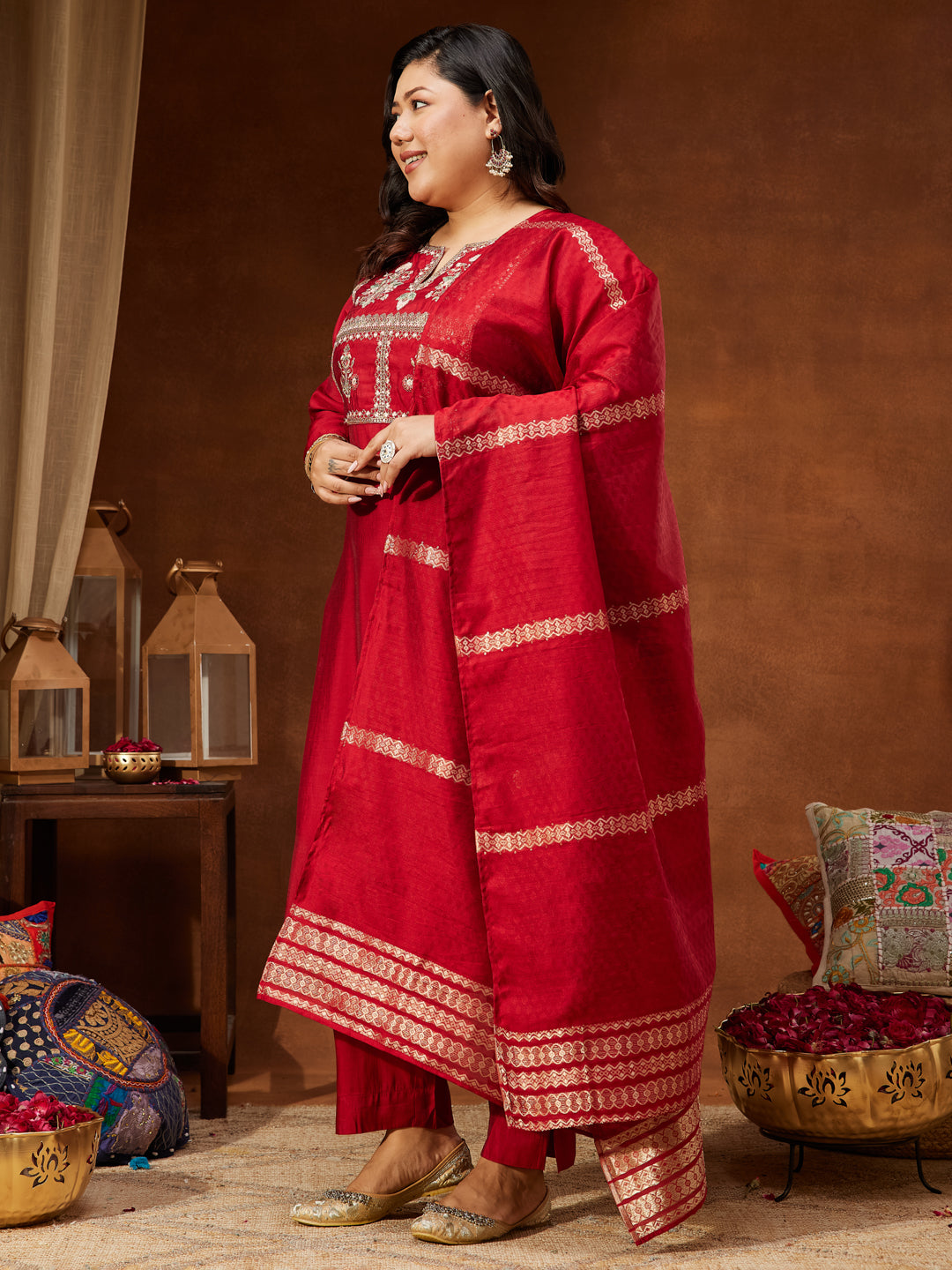 Ninnique Women's Maroon Chanderi Silk Yoke Embroidered Straight Kurta Set