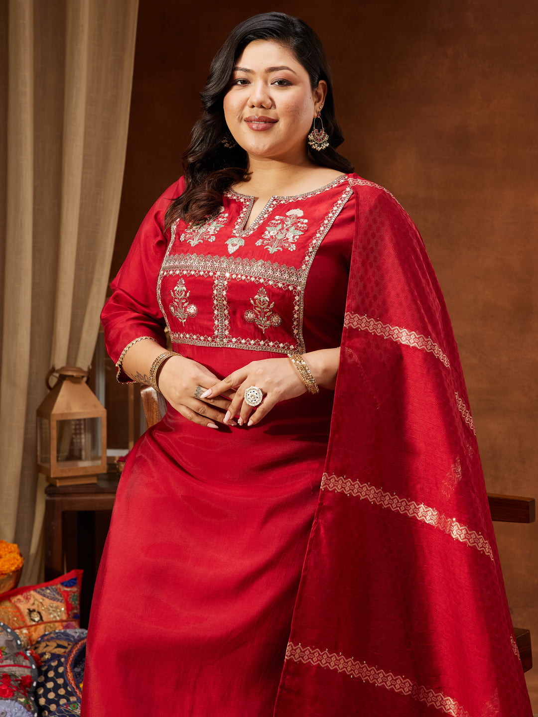 Ninnique Women's Maroon Chanderi Silk Yoke Embroidered Straight Kurta Set
