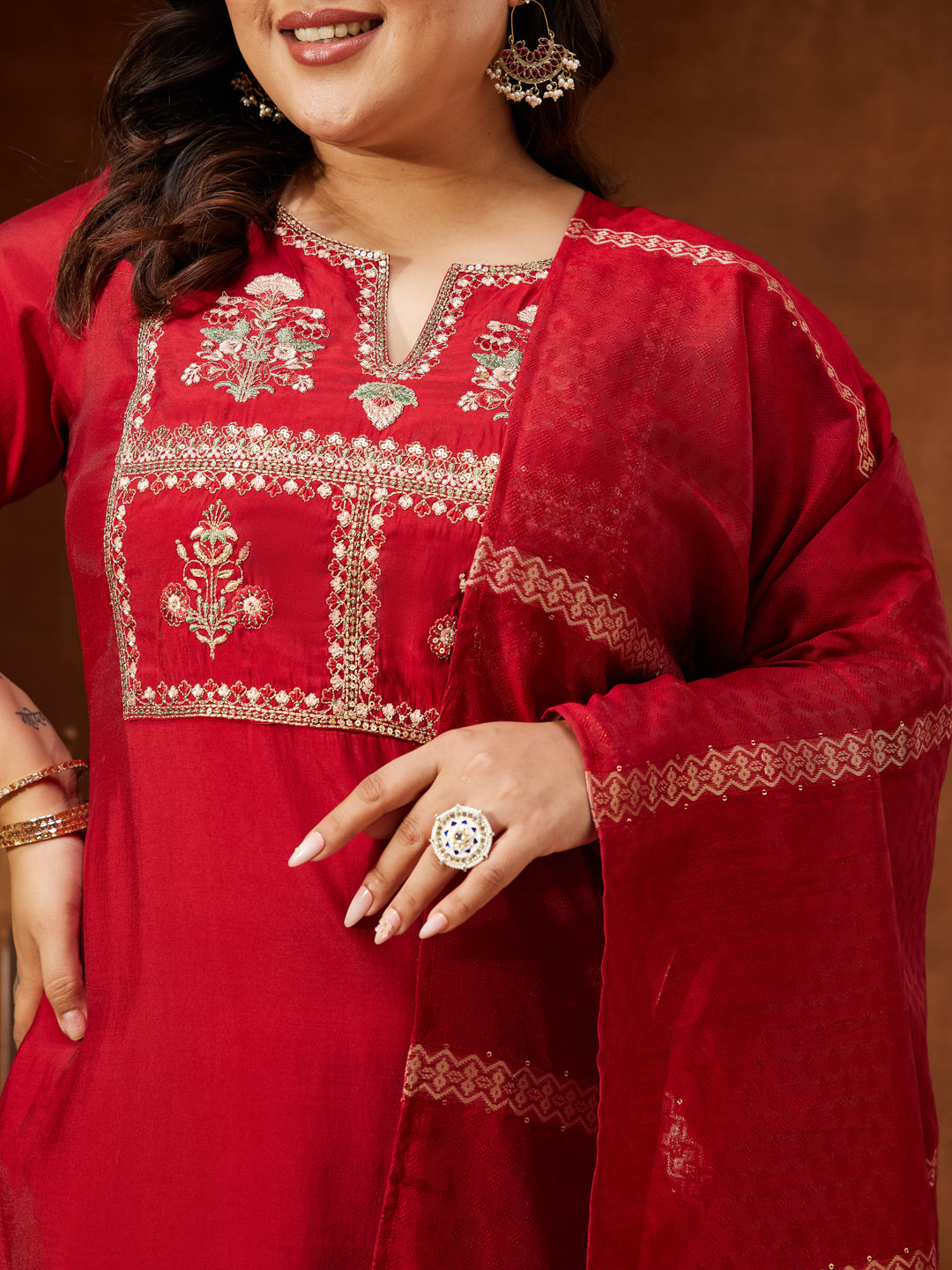 Ninnique Women's Maroon Chanderi Silk Yoke Embroidered Straight Kurta Set
