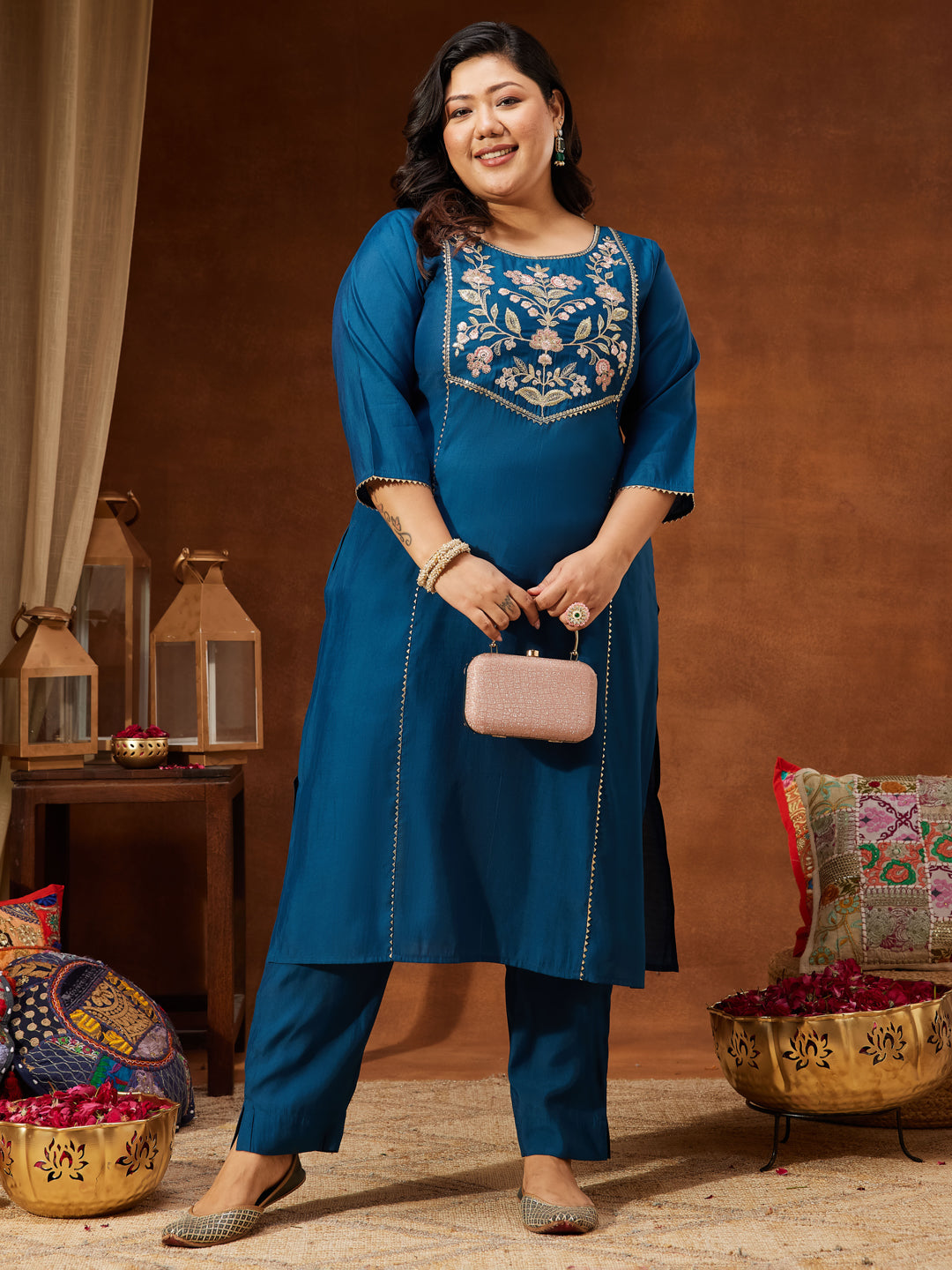 Ninnique Women's Plus Size Teal Chanderi Silk Embroidered Straight Kurta Set