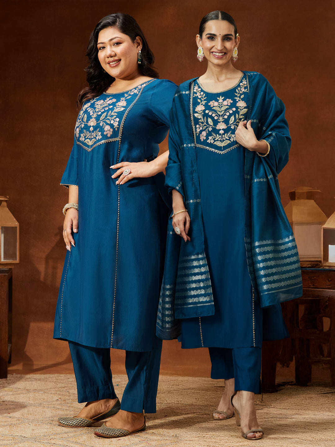 Ninnique Women's Teal Blue Chanderi Silk Yoke Embroidered Straight Kurta Set