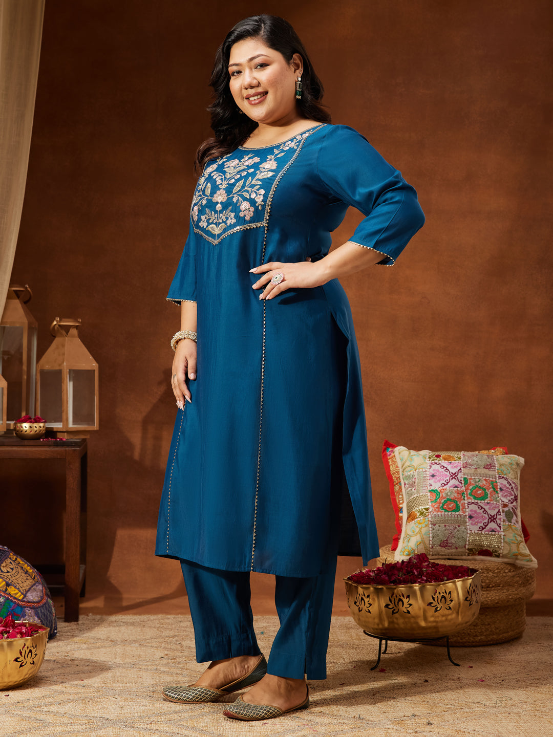 Ninnique Women's Plus Size Teal Chanderi Silk Embroidered Straight Kurta Set