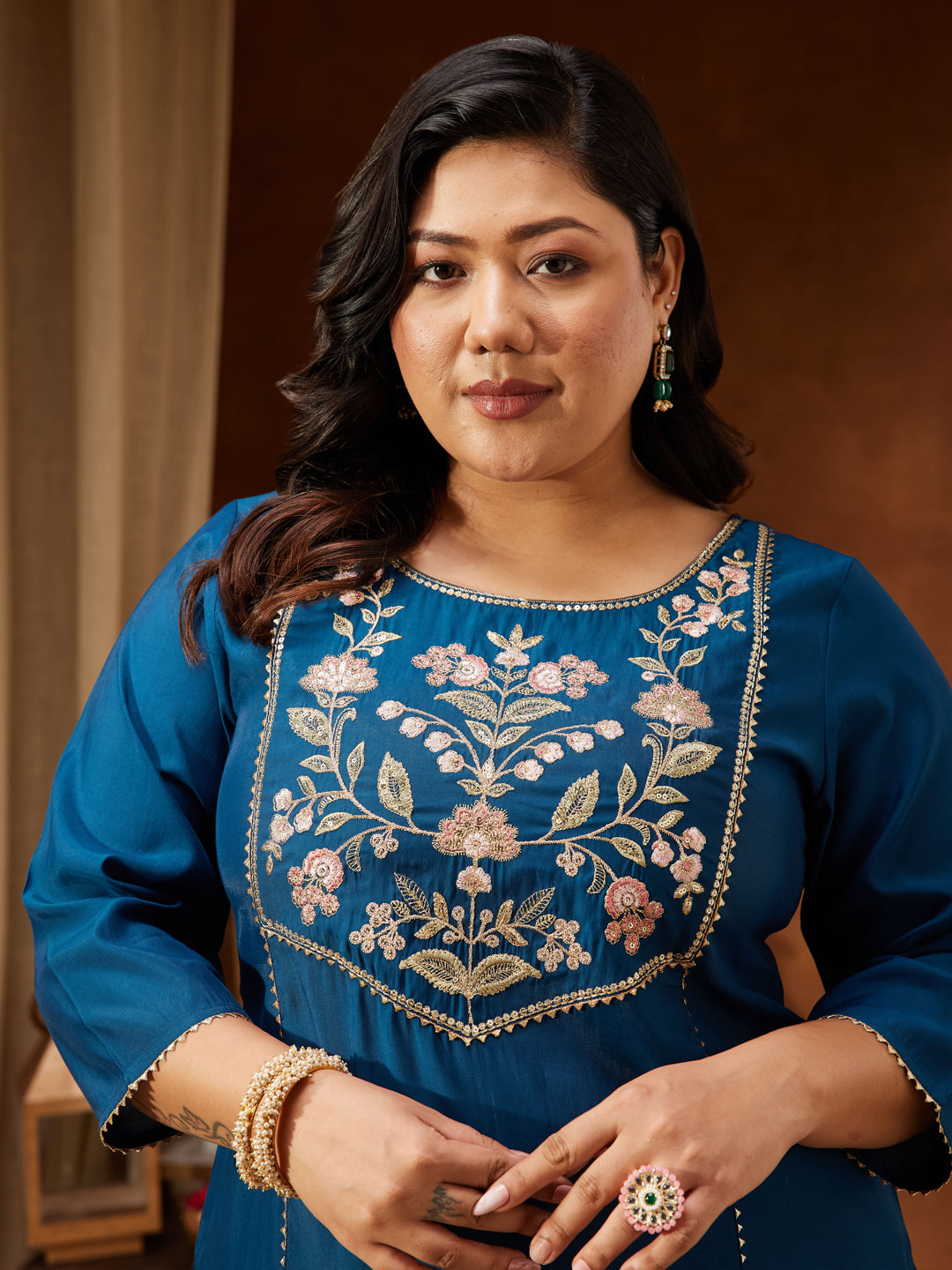 Ninnique Women's Plus Size Teal Chanderi Silk Embroidered Straight Kurta Set