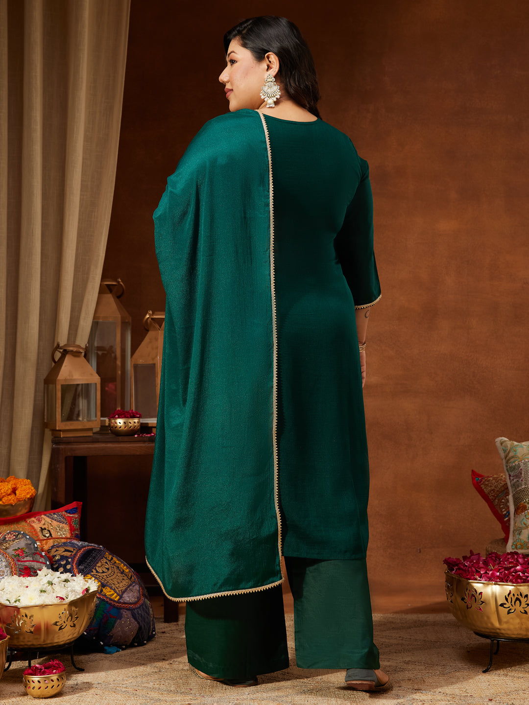Ninnique Women's Plus Size Bottle Green Silk Blend Zari Embroidered Straight Kurta Set