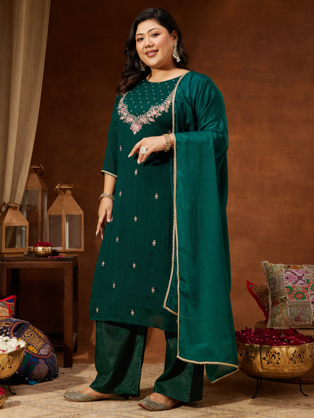 Ninnique Women's Plus Size Bottle Green Silk Blend Zari Embroidered Straight Kurta Set