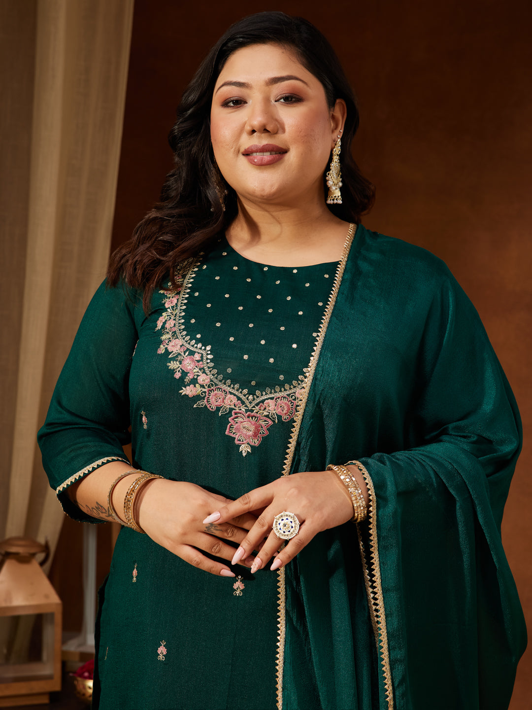 Ninnique Women's Plus Size Bottle Green Silk Blend Zari Embroidered Straight Kurta Set