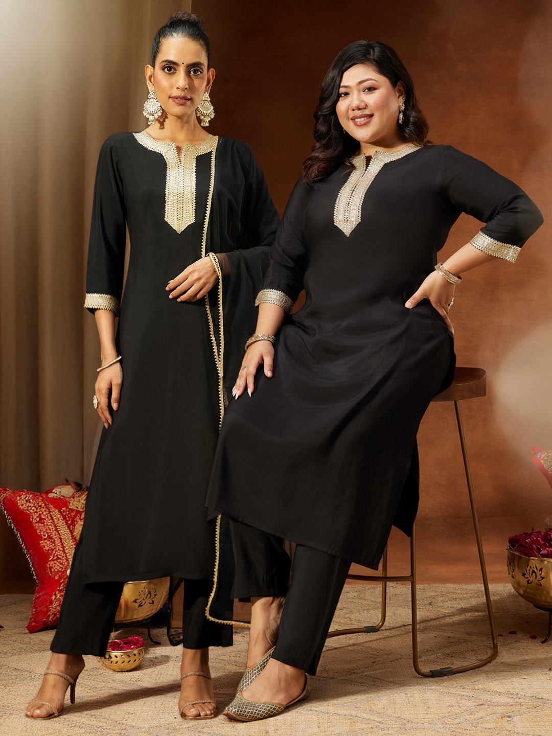 Ninnique Women's Plus Size Black Chanderi Silk Embellished Yoke Design Straight Kurta Pant Set