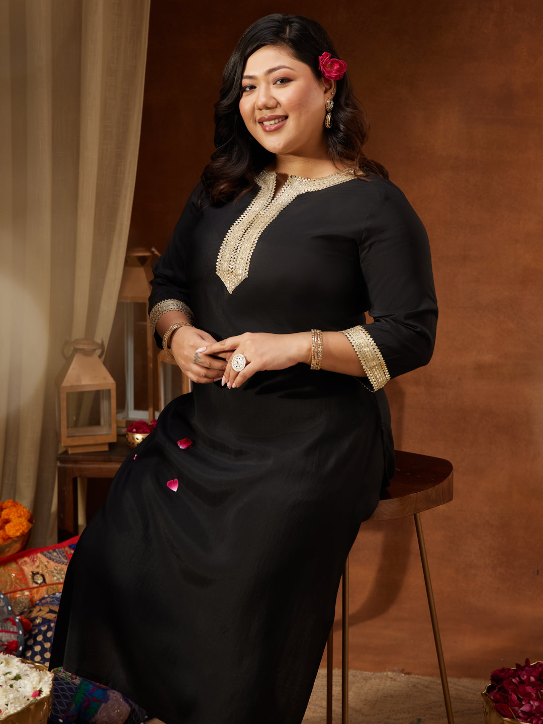 Ninnique Women's Plus Size Black Chanderi Silk Embellished Yoke Design Straight Kurta Pant Set
