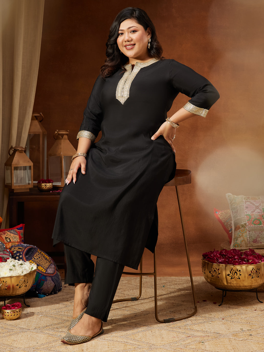 Ninnique Women's Plus Size Black Chanderi Silk Embellished Yoke Design Straight Kurta Pant Set