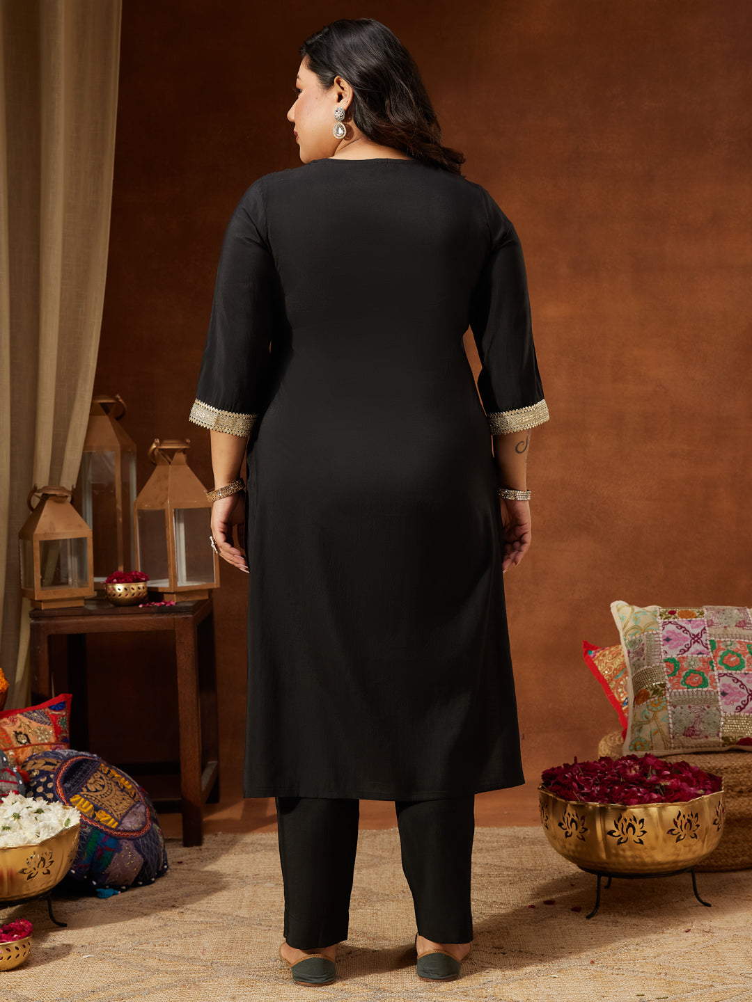 Ninnique Women's Plus Size Black Chanderi Silk Embellished Yoke Design Straight Kurta Pant Set