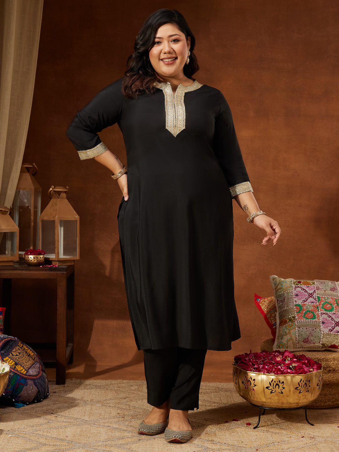 Ninnique Women's Plus Size Black Chanderi Silk Embellished Yoke Design Straight Kurta Pant Set