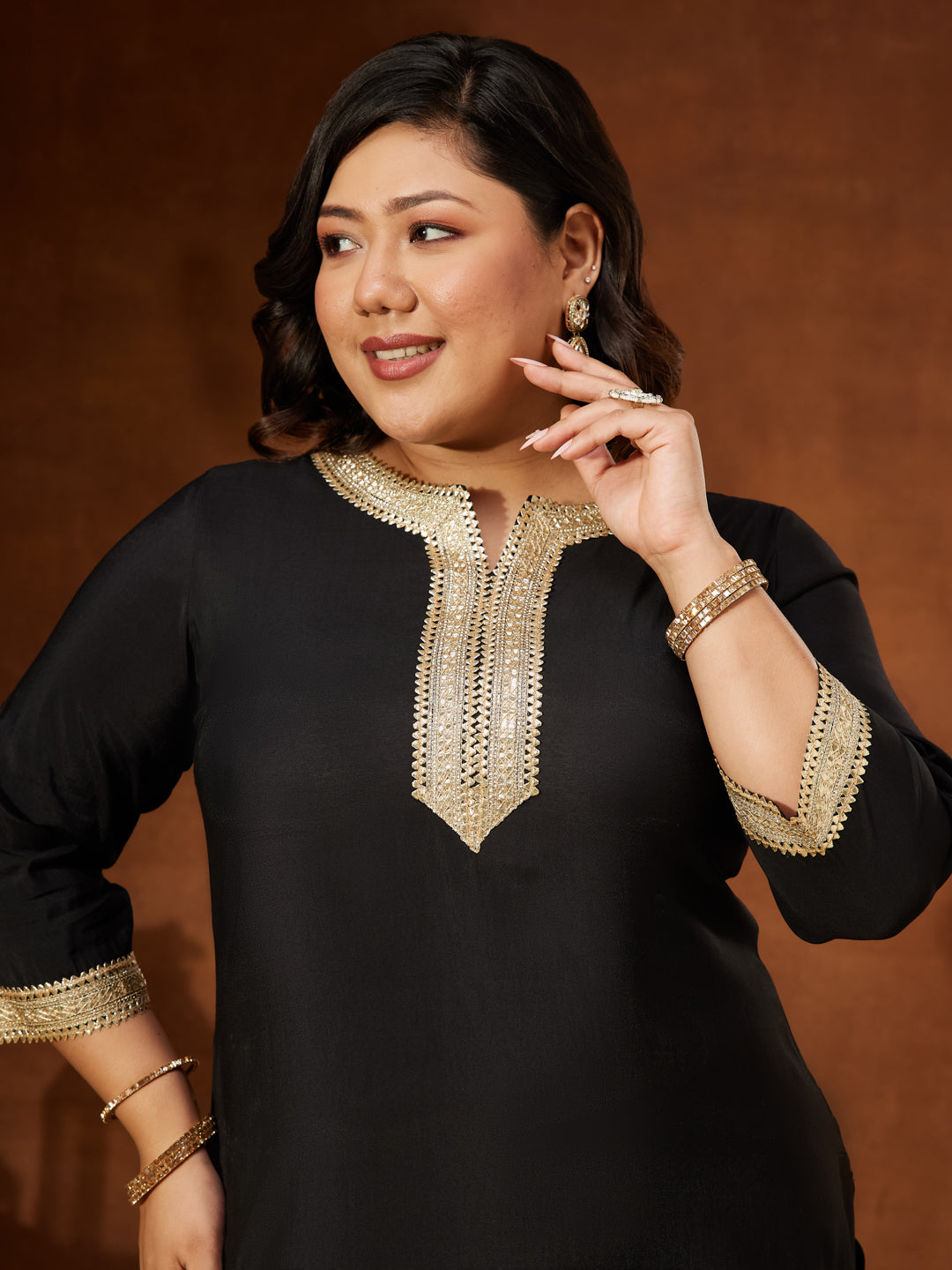 Ninnique Women's Plus Size Black Chanderi Silk Embellished Yoke Design Straight Kurta Pant Set