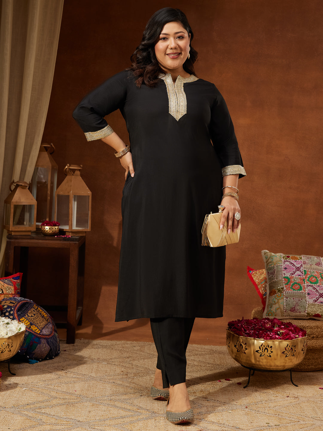Ninnique Women's Plus Size Black Chanderi Silk Embellished Yoke Design Straight Kurta Pant Set