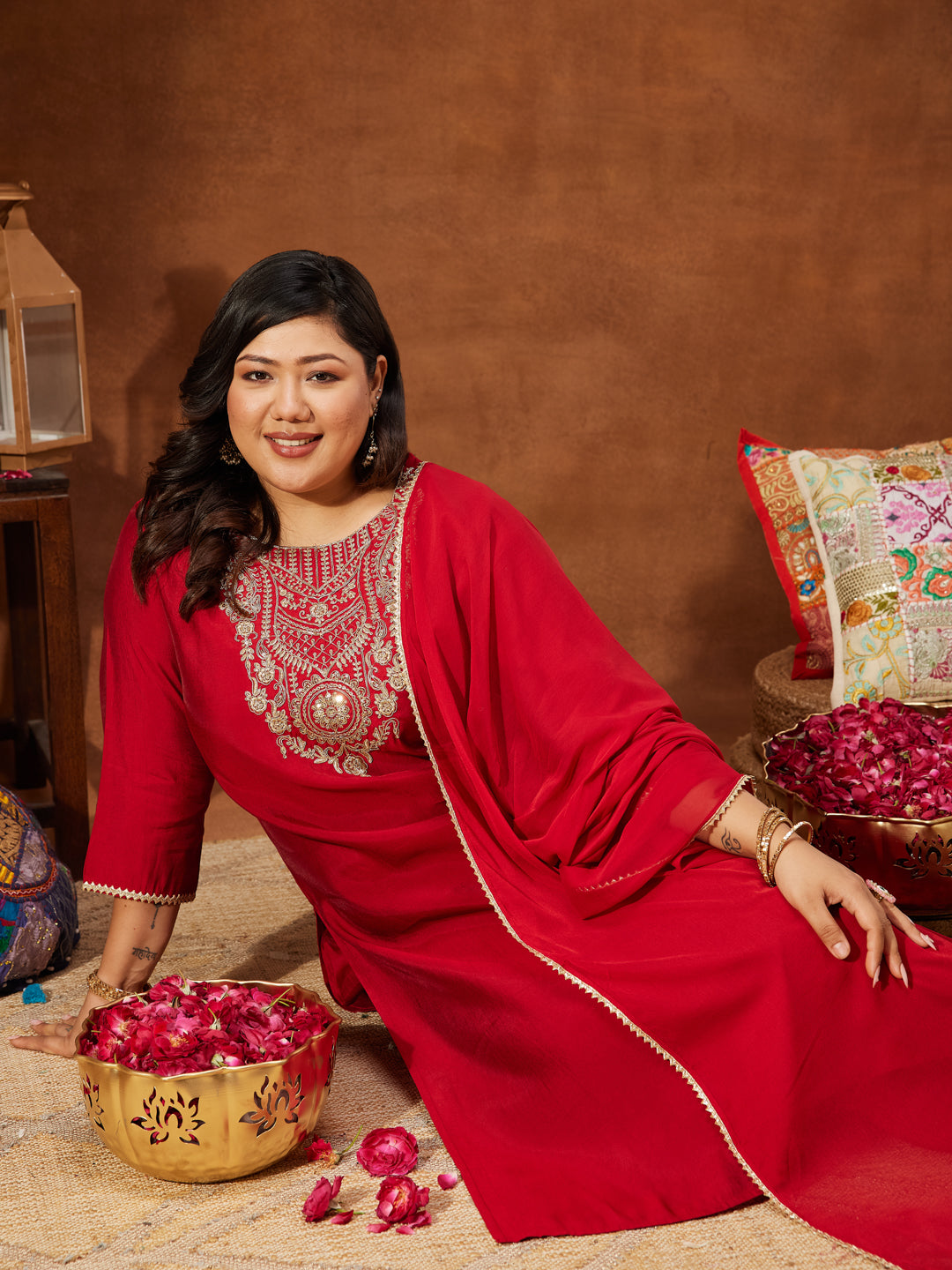 Ninnique Women's Plus Size Maroon Chanderi Silk Yoke Embroidered Straight Kurta Set