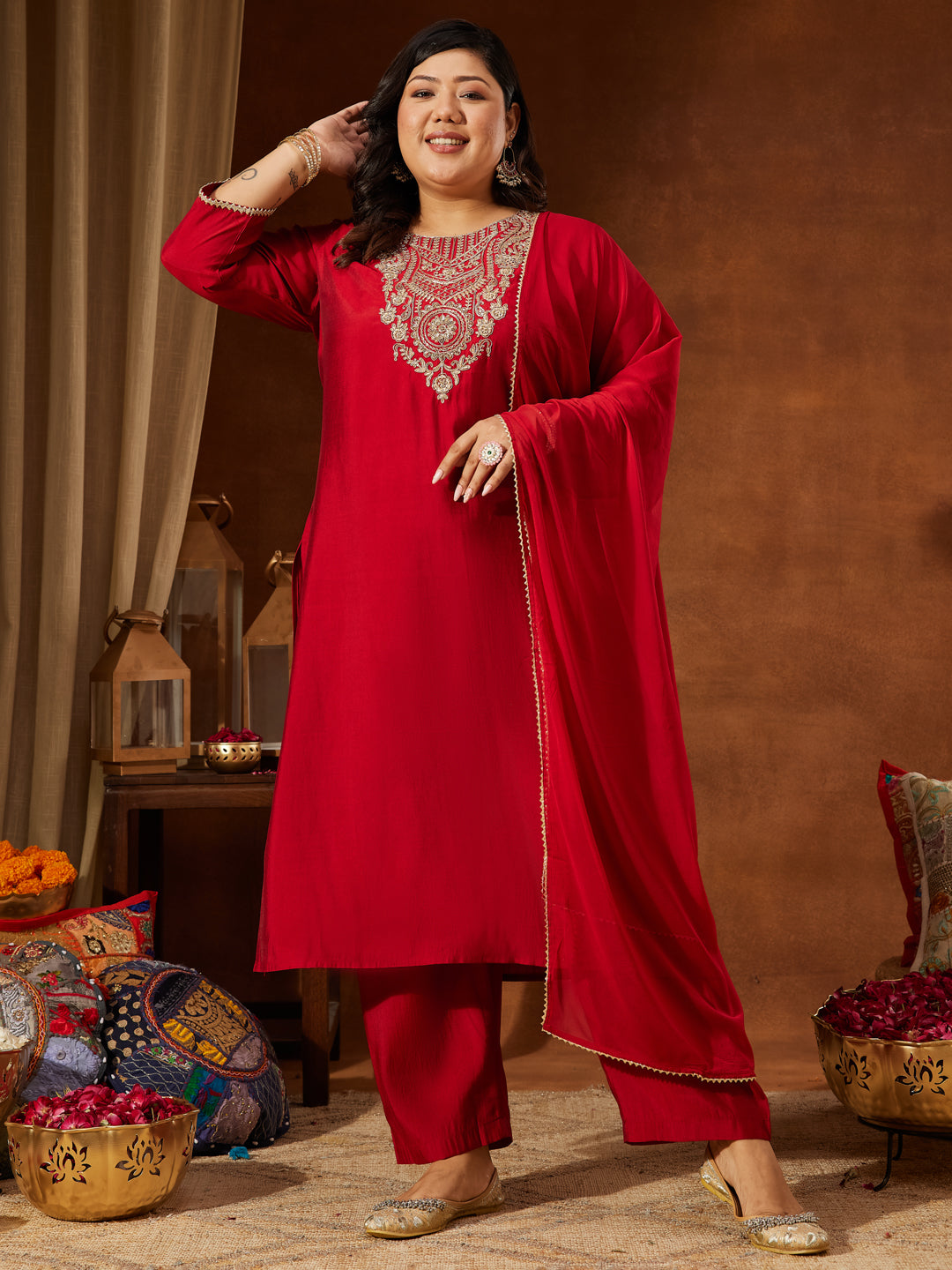 Ninnique Women's Plus Size Maroon Chanderi Silk Yoke Embroidered Straight Kurta Set
