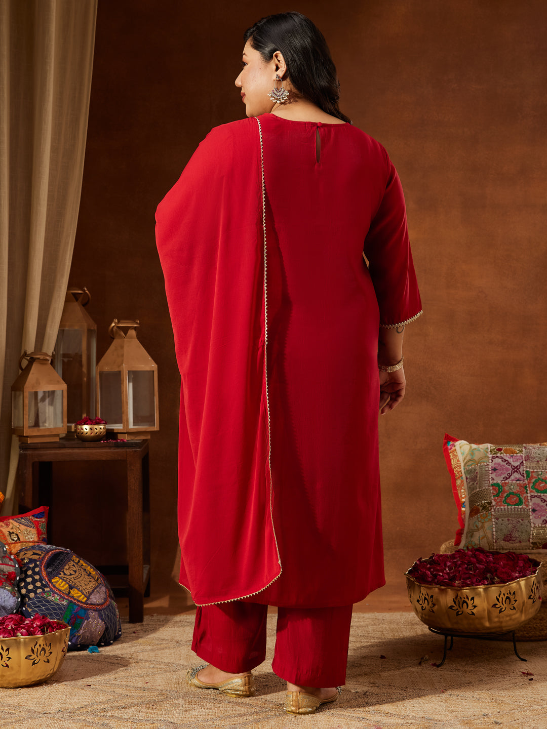Ninnique Women's Plus Size Maroon Chanderi Silk Yoke Embroidered Straight Kurta Set