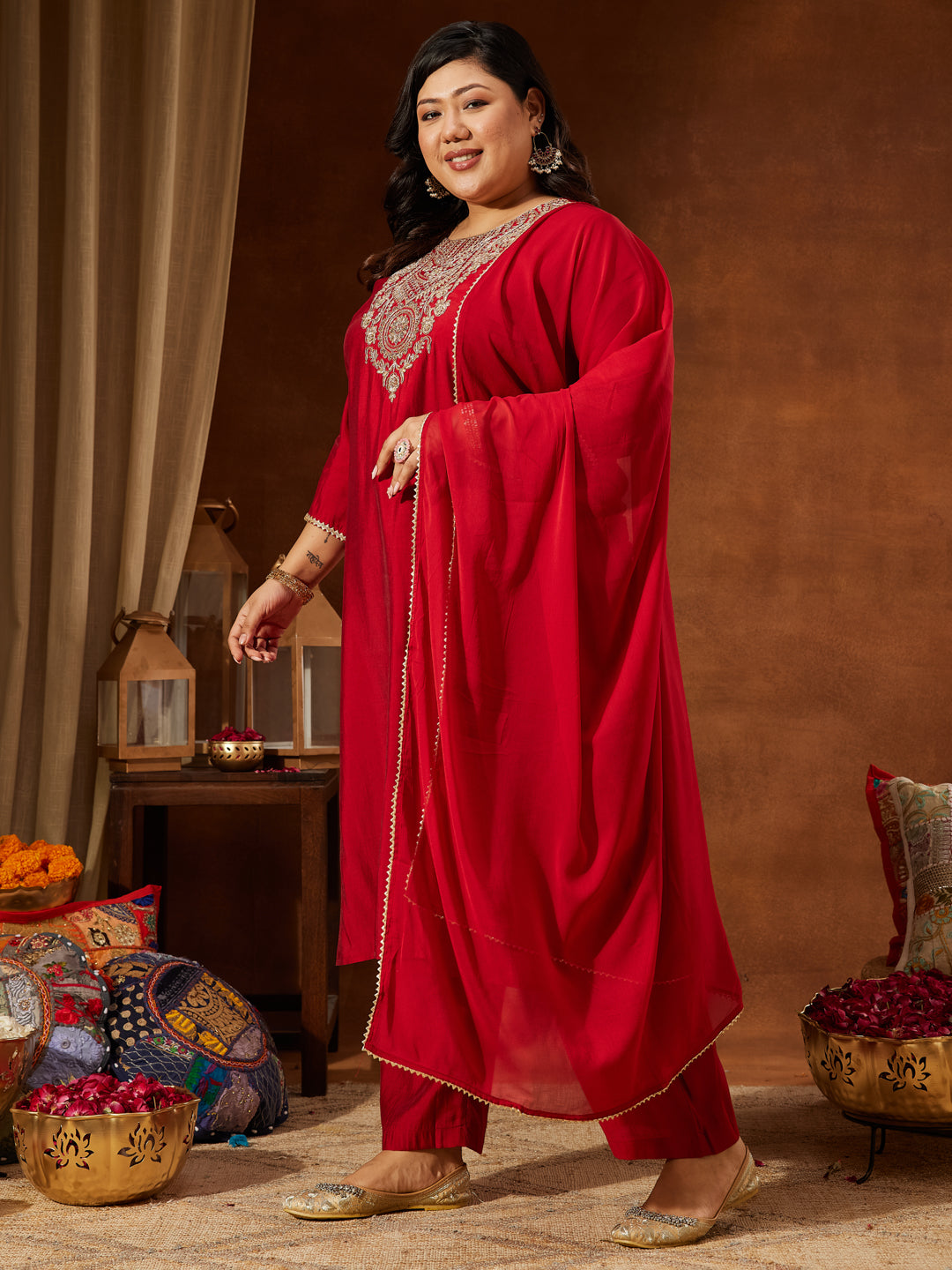 Ninnique Women's Plus Size Maroon Chanderi Silk Yoke Embroidered Straight Kurta Set