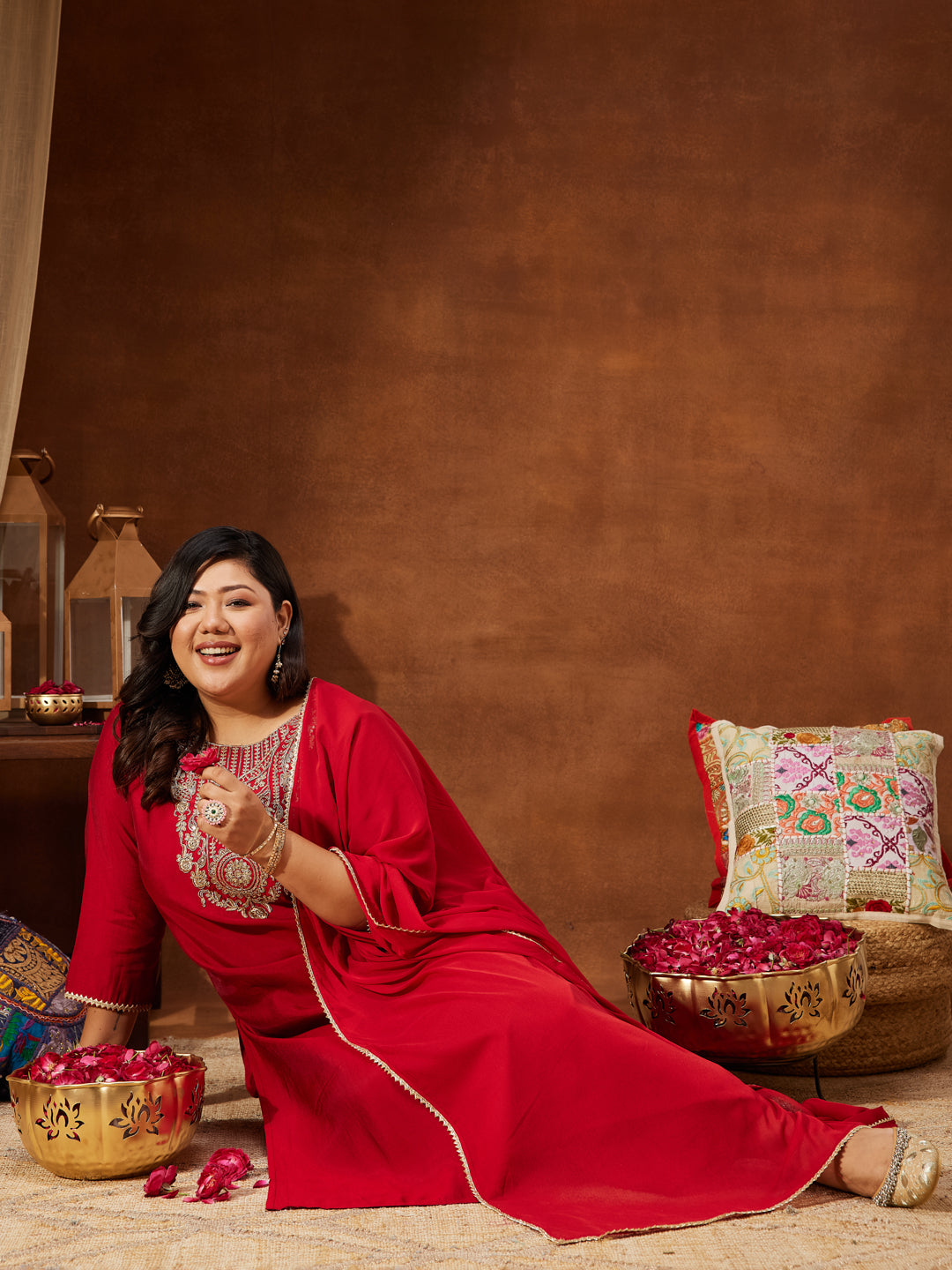 Ninnique Women's Plus Size Maroon Chanderi Silk Yoke Embroidered Straight Kurta Set