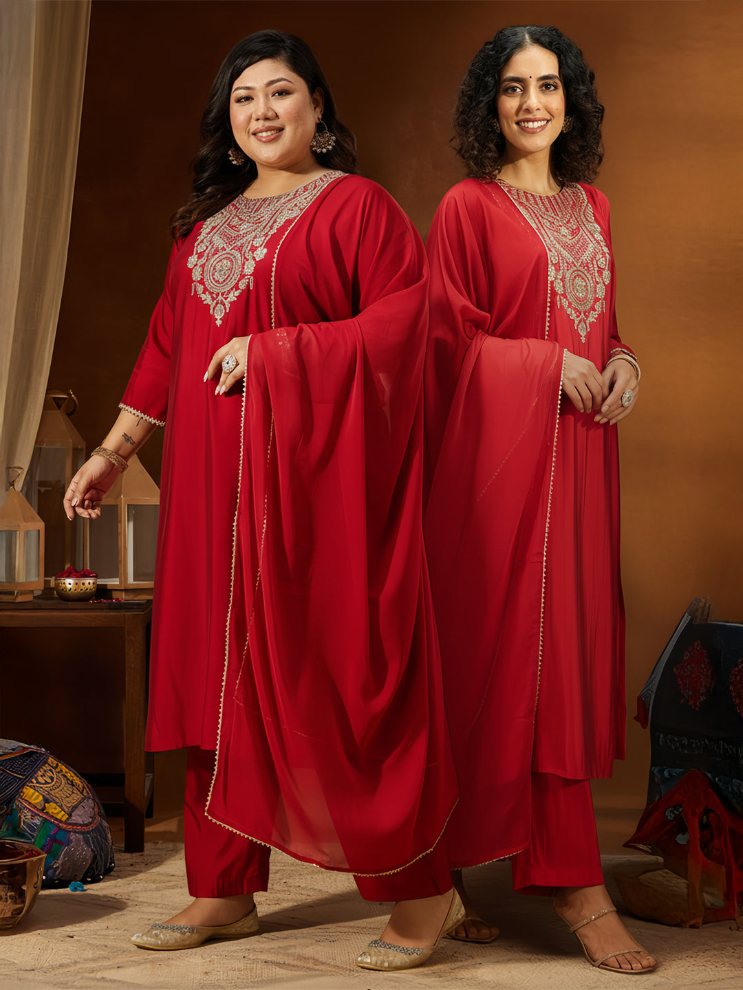 Ninnique Women's Maroon Chanderi Silk Zari Yoke Embroidered Straight Kurta Set