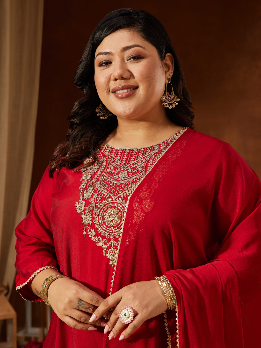 Ninnique Women's Plus Size Maroon Chanderi Silk Yoke Embroidered Straight Kurta Set