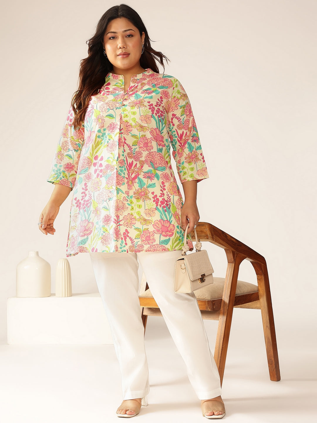 Plus Size Cream Pure Cotton Floral Printed A-line Tunic