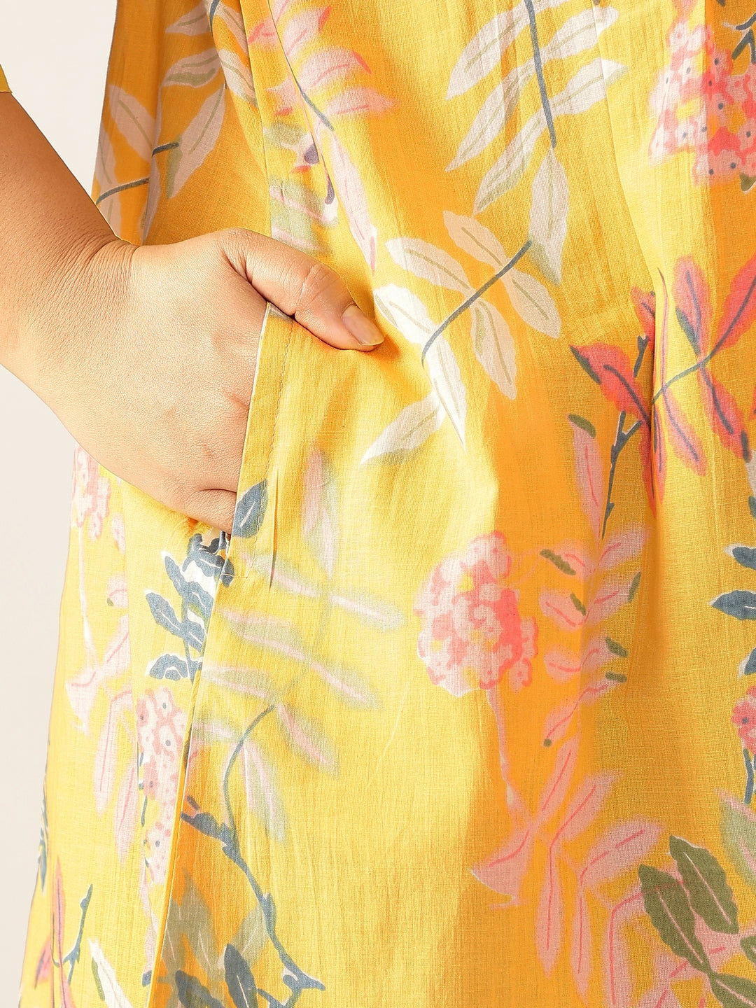 Plus Size Yellow Pure Cotton Tropical Printed A-line Tunic