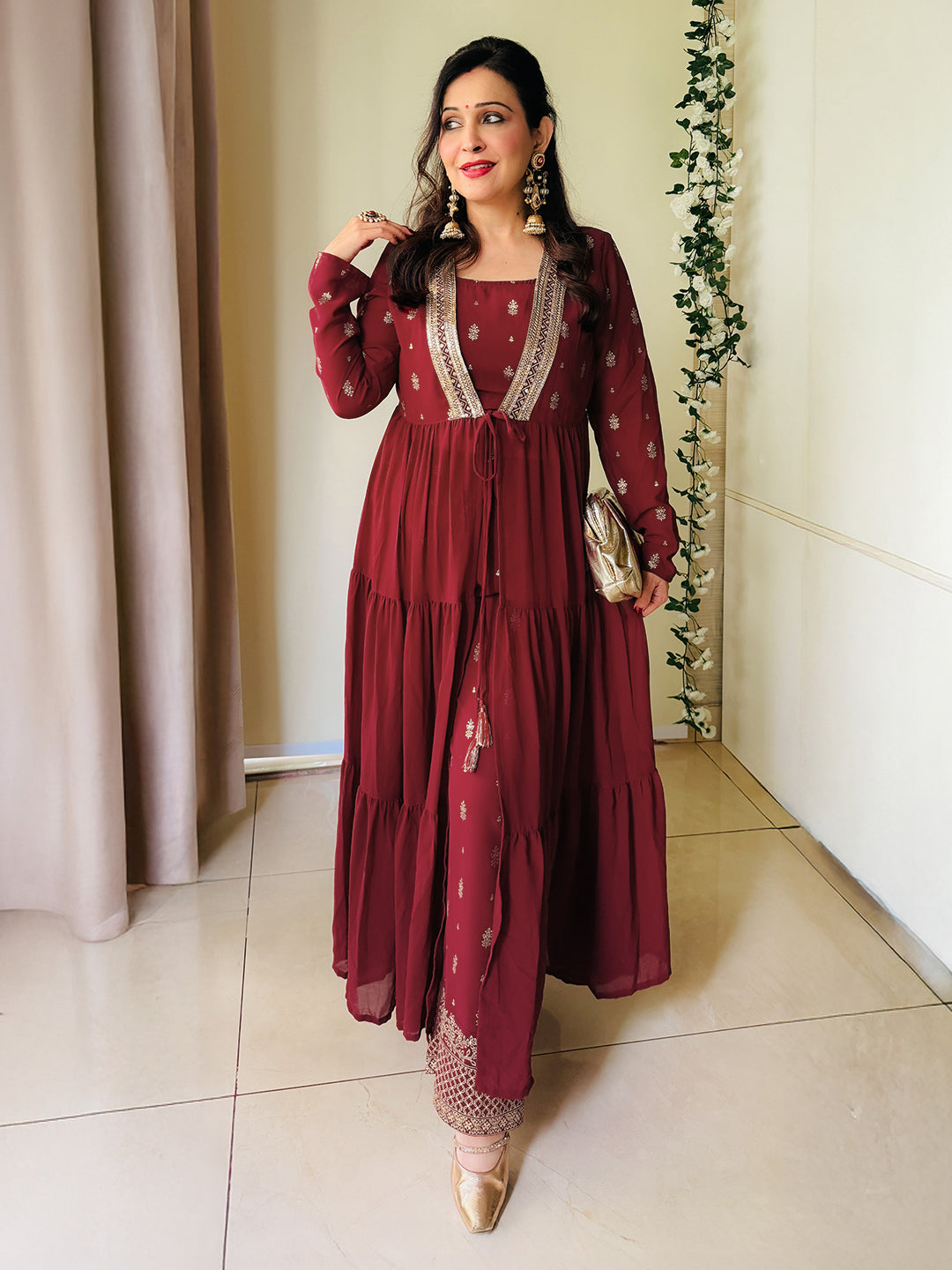 Ninnique Women's Maroon Georgette Embellished Foil Printed Front-open Tiered Kurta Pant Set