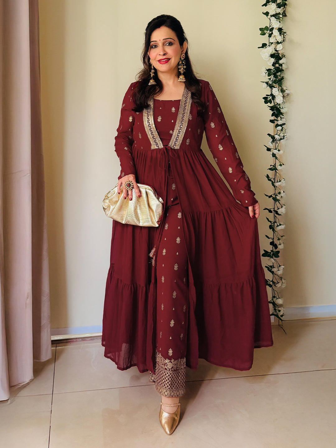Ninnique Women's Maroon Georgette Embellished Foil Printed Front-open Tiered Kurta Pant Set