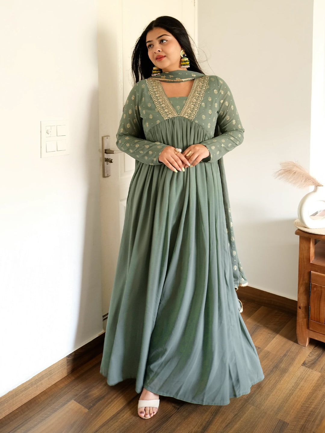Ninnique Women's Sage Green Georgette Embellished Foil Printed Gathered Kurta With Dupatta Set