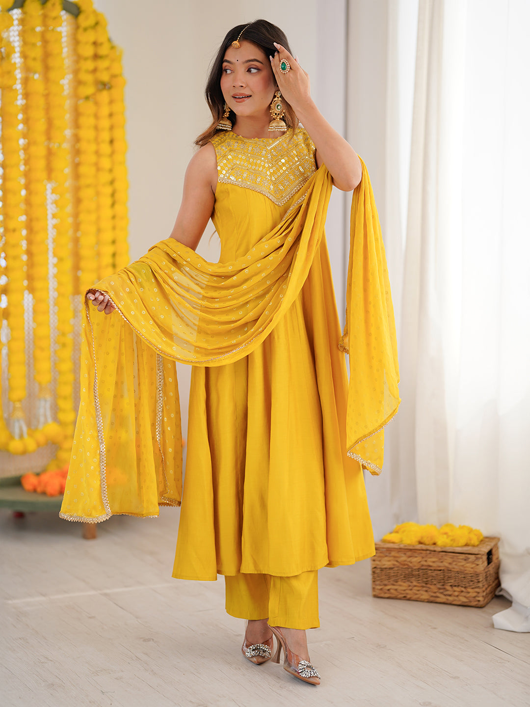 Ninnique Women Yellow Chanderi Silk Embellished Anarkali Kurta Set With Dupatta