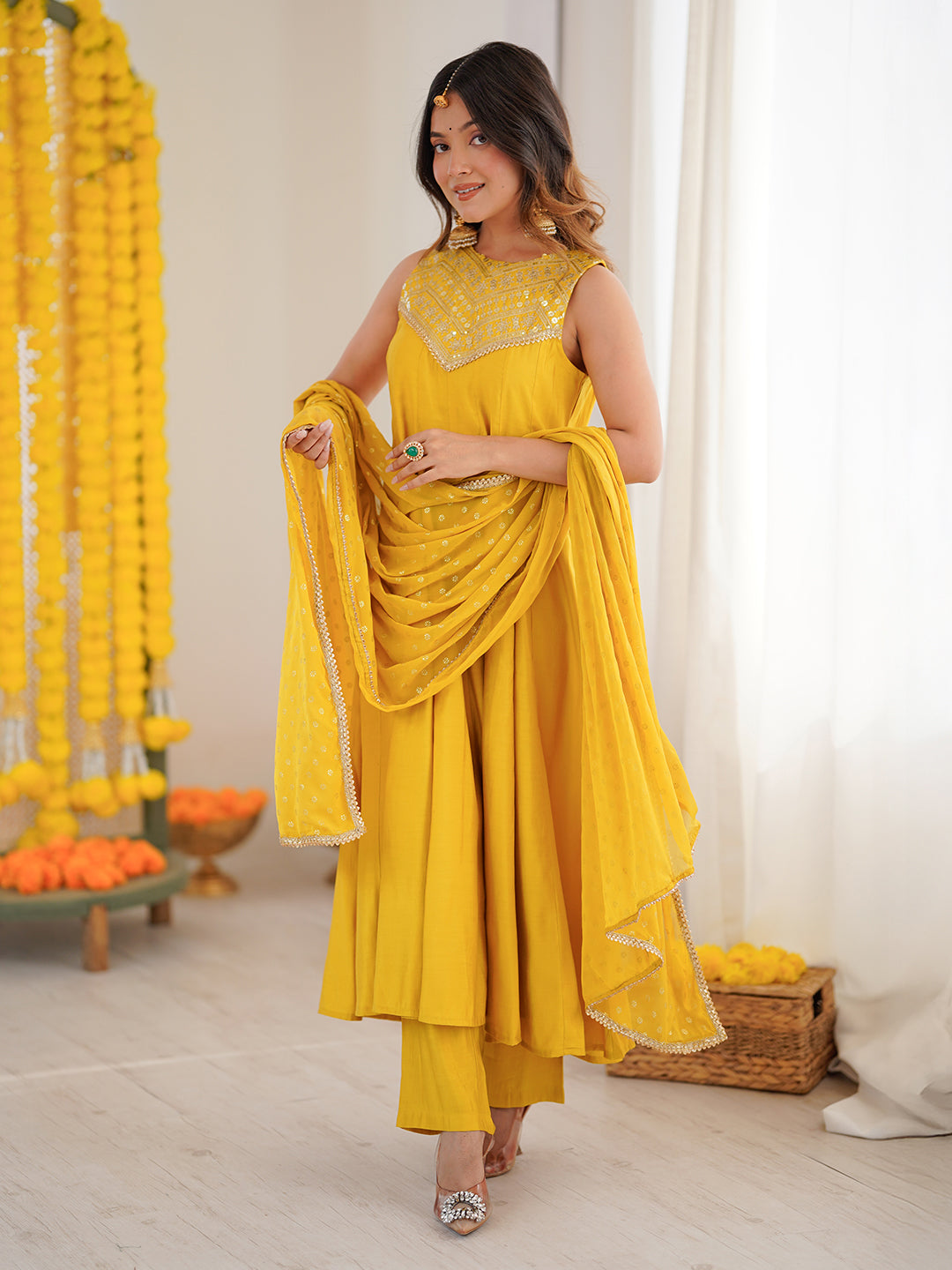 Ninnique Women Yellow Chanderi Silk Embellished Anarkali Kurta Set With Dupatta