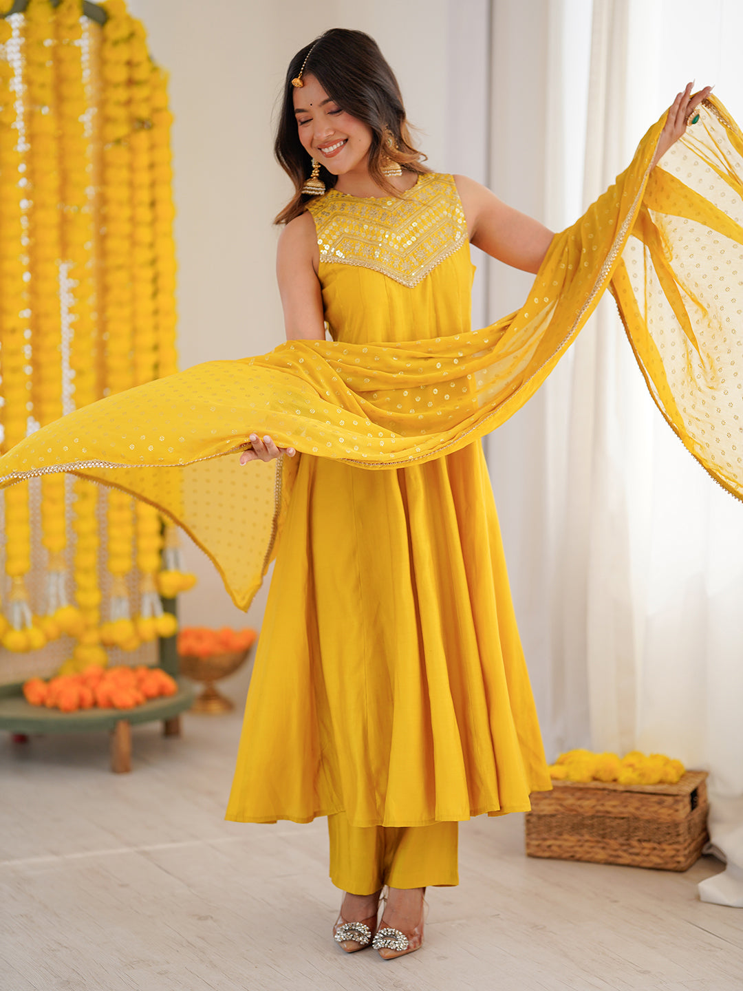 Ninnique Women Yellow Chanderi Silk Embellished Anarkali Kurta Set With Dupatta