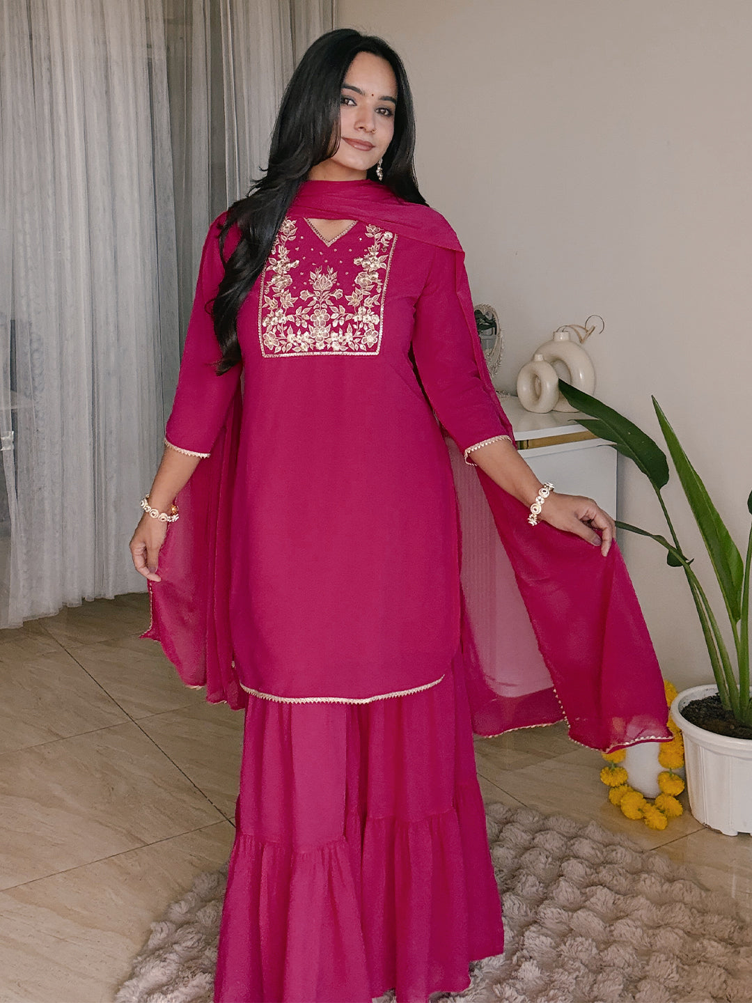 Ninnique Women's Pink Georgette Embroidered Straight Kurta With Sharara & Dupatta Set