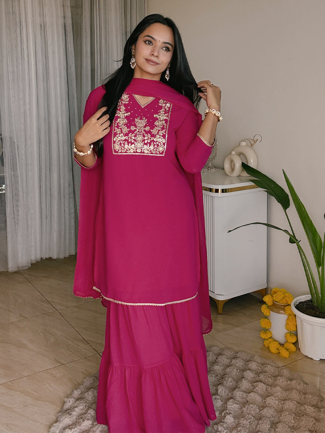 Ninnique Women's Pink Georgette Embroidered Straight Kurta With Sharara & Dupatta Set