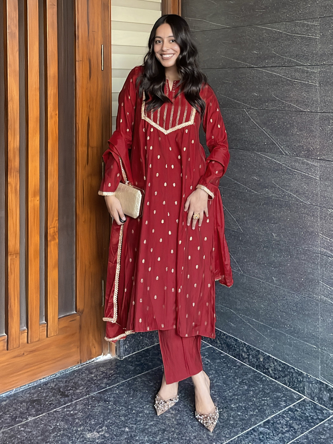 Ninnique Women's Maroon Chanderi Silk Embellished Gold Printed Anarkali Kurta Set
