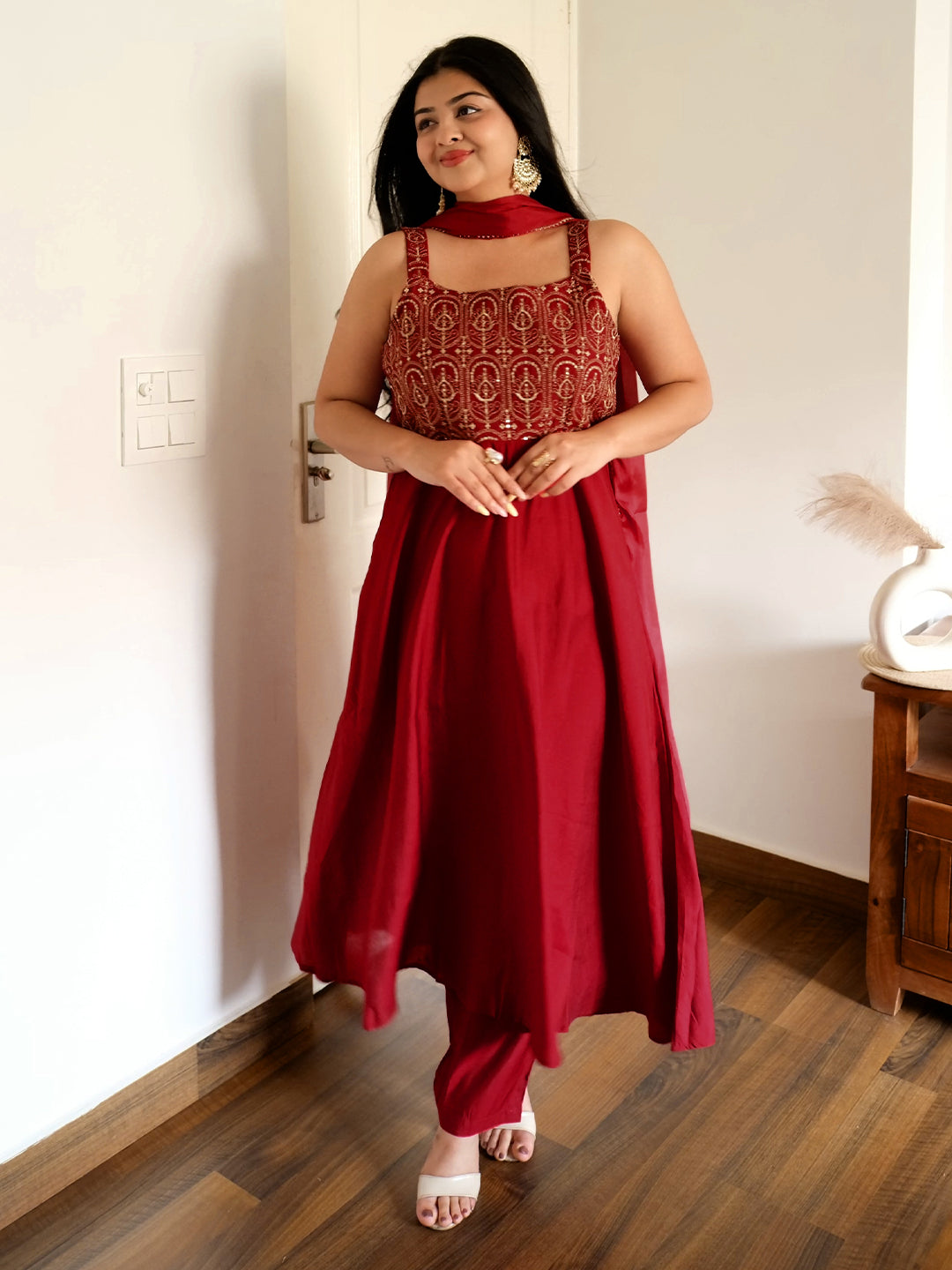 Ninnique Women's Maroon Chanderi Silk Zari Embroiderd A-line Kurta Set