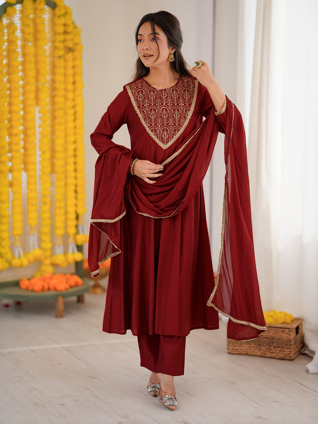 Ninnique Women's Maroon Chanderi Silk Embroidered Anarkali Kurta Set