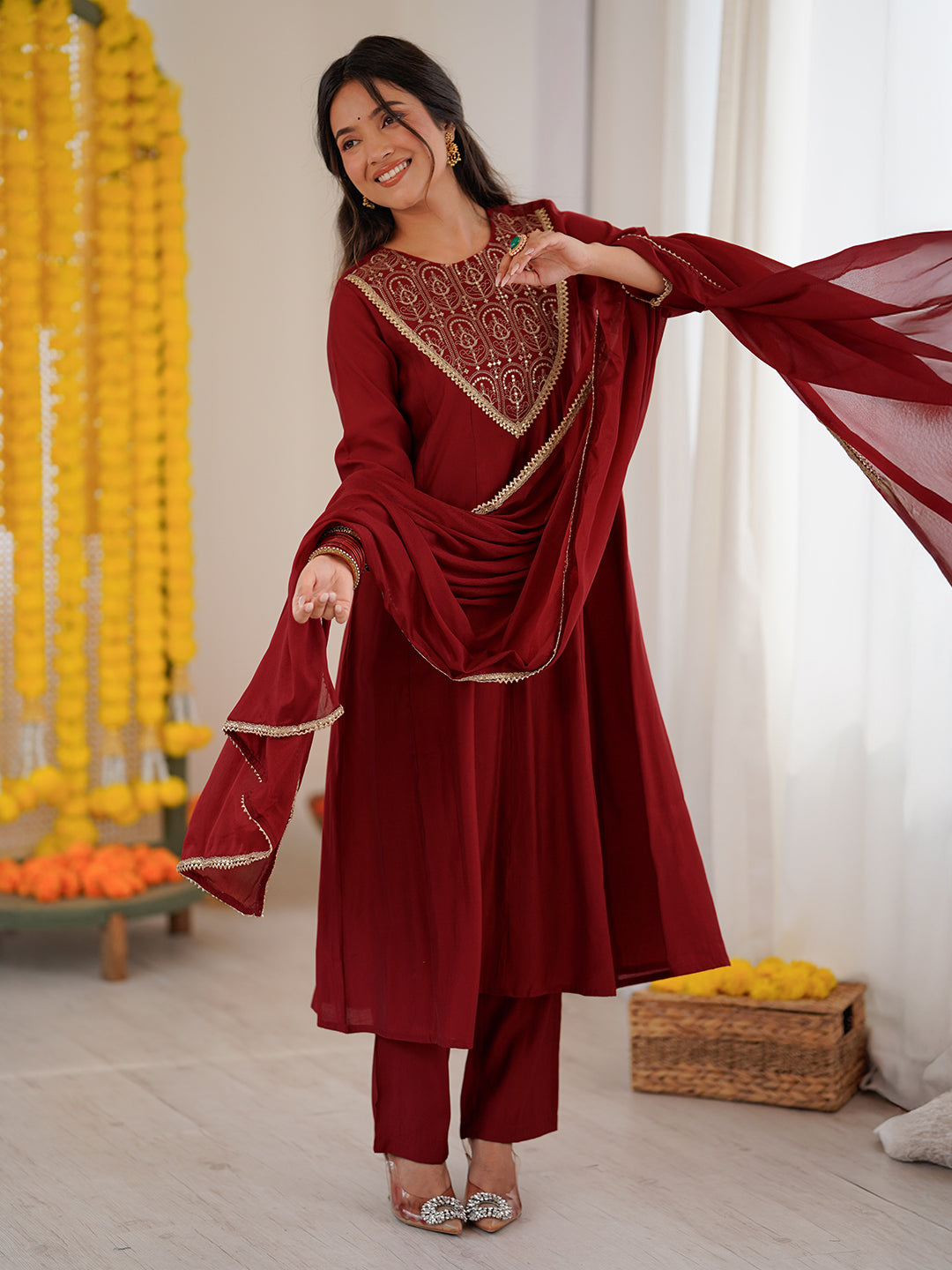 Ninnique Women's Maroon Chanderi Silk Embroidered Anarkali Kurta Set