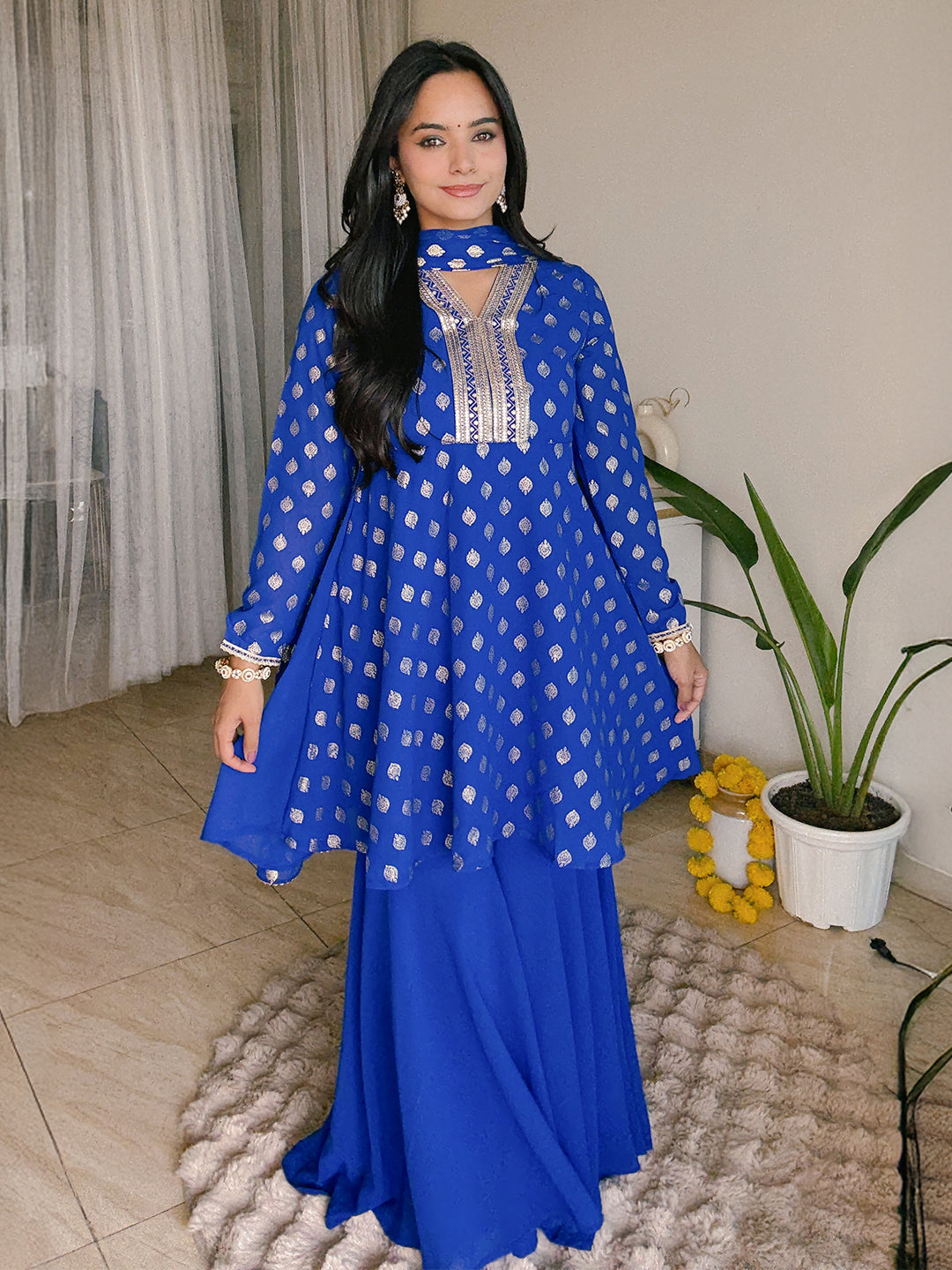 Ninnique Women's Royal Blue Georgette Embellished Gold Printed A-line Kurta With Sharara & Dupatta Set