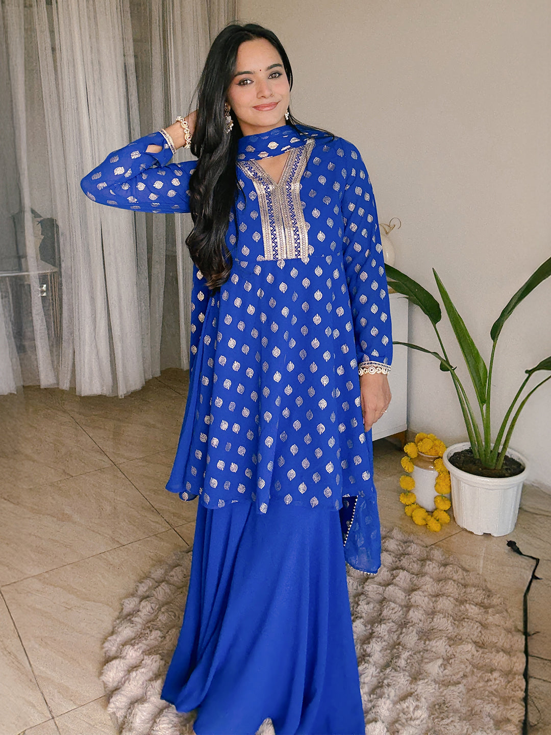Ninnique Women's Royal Blue Georgette Embellished Gold Printed A-line Kurta With Sharara & Dupatta Set