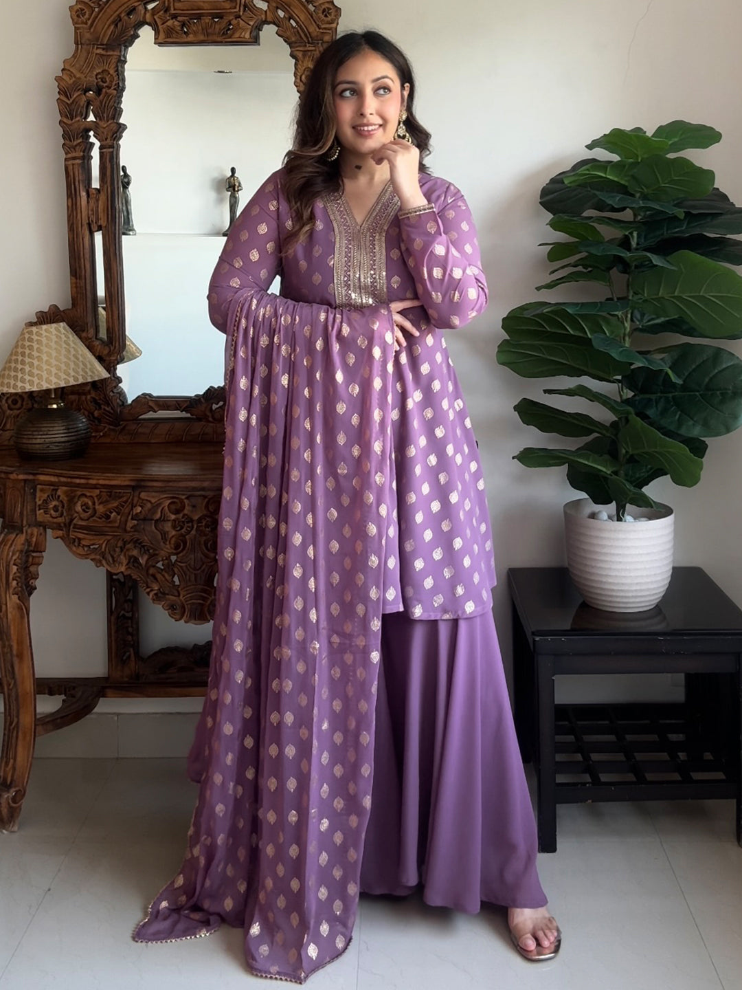 Ninnique Women's Purple Georgette Embellished Gold Printed A-line Kurta With Sharara & Dupatta Set