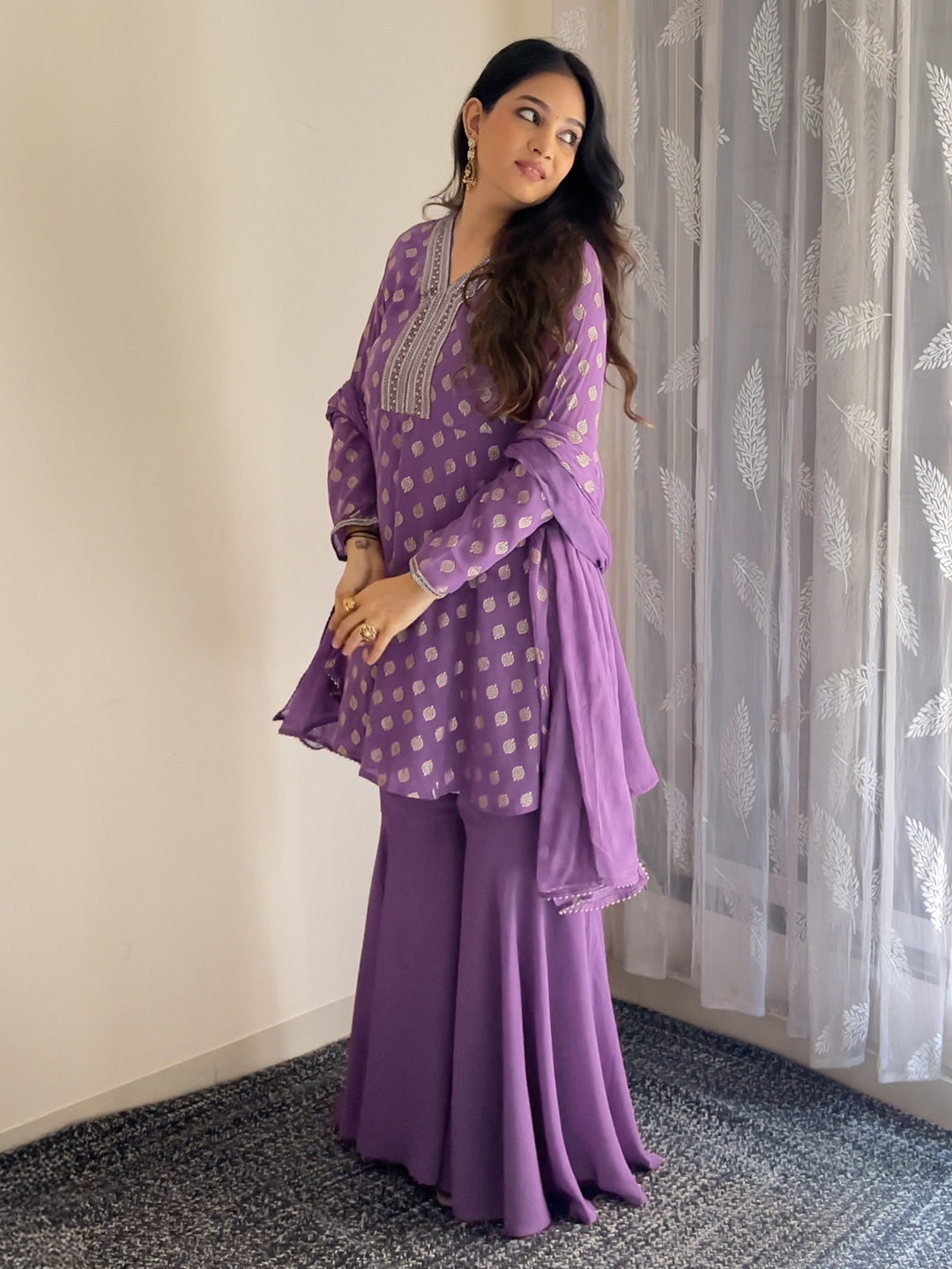 Ninnique Women's Purple Georgette Embellished Gold Printed A-line Kurta With Sharara & Dupatta Set