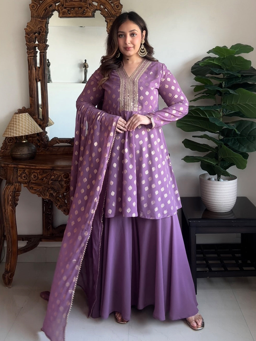 Ninnique Women's Purple Georgette Embellished Gold Printed A-line Kurta With Sharara & Dupatta Set