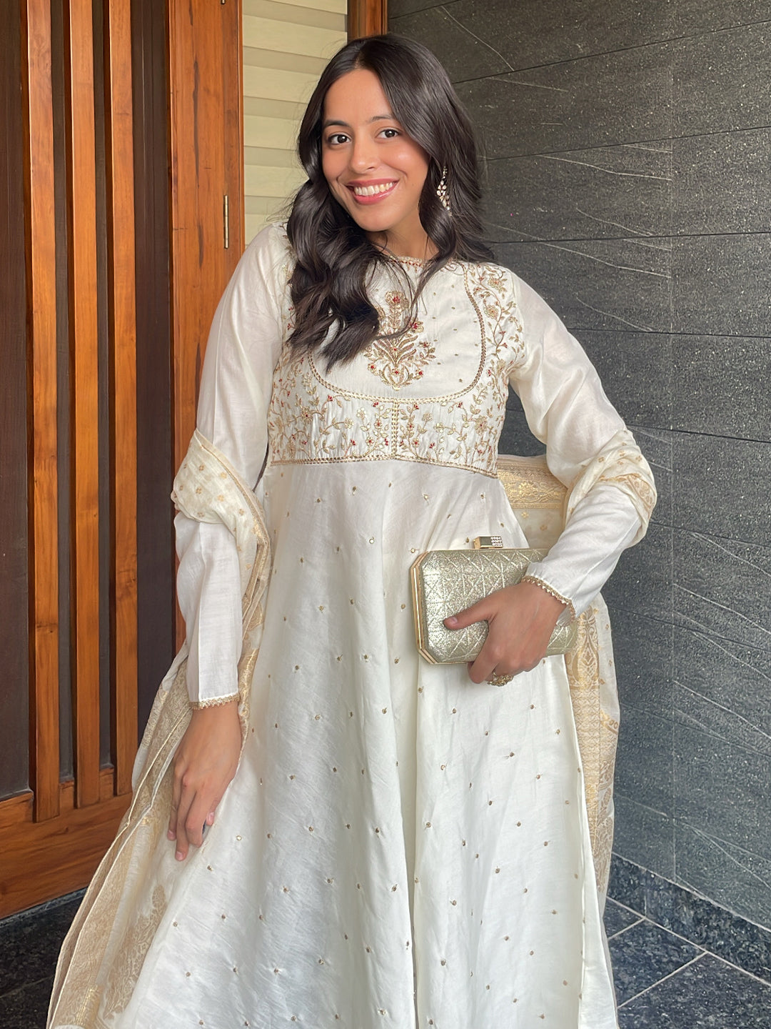 Ninnique Women's Off White Chanderi Silk Embroidered A-line Kurta Set