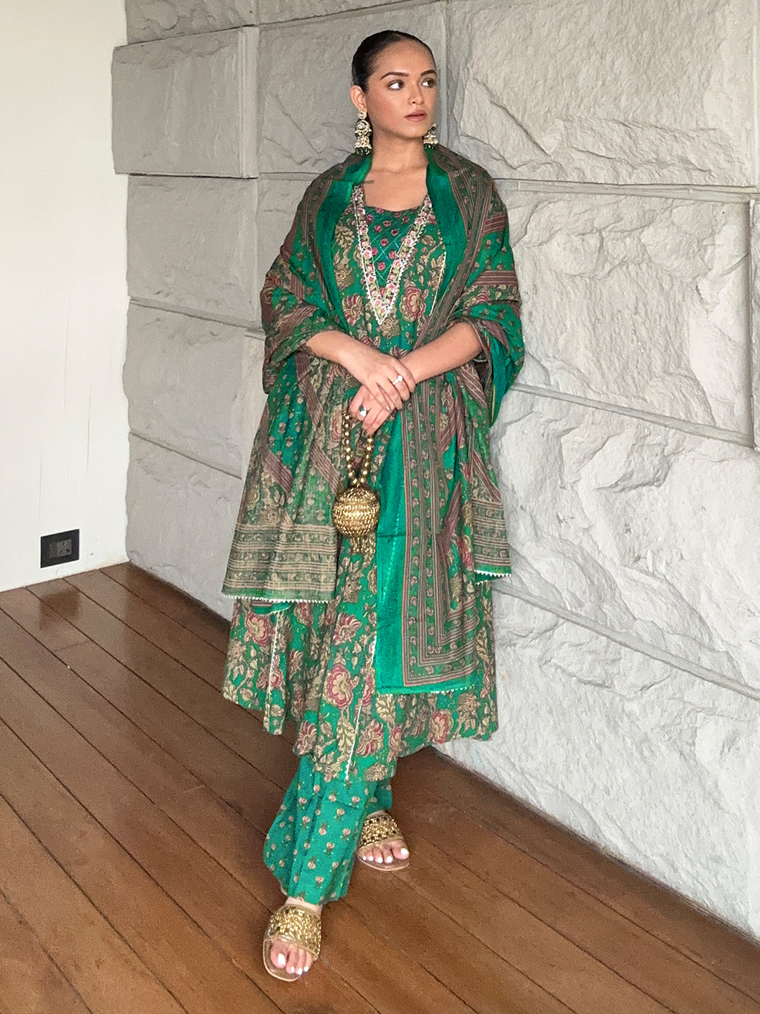 Ninnique Women's Dark Green Pure Cotton Floral Printed Yoke Embroidered A-line Kurta Set