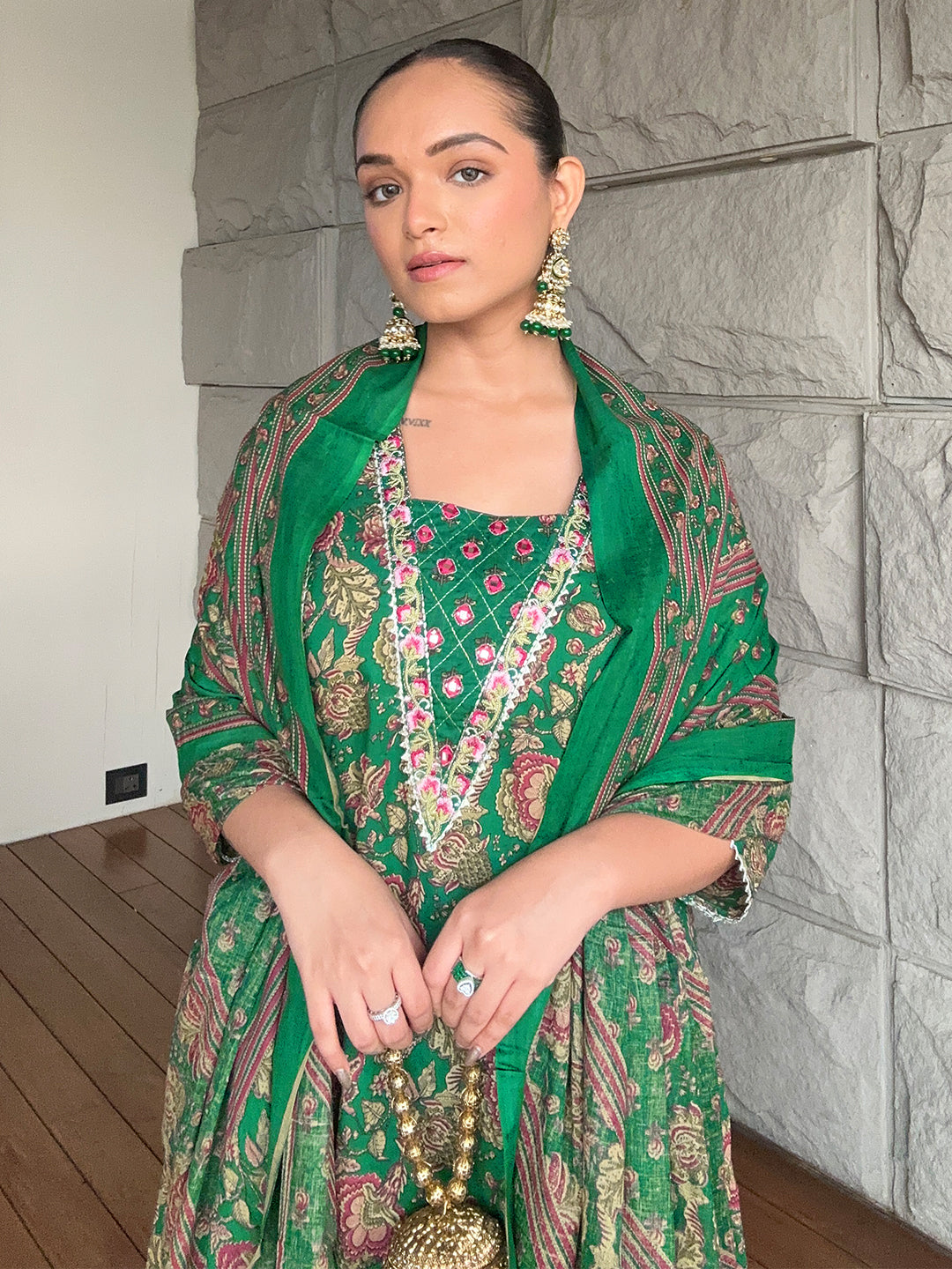 Ninnique Women's Dark Green Pure Cotton Floral Printed Yoke Embroidered A-line Kurta Set
