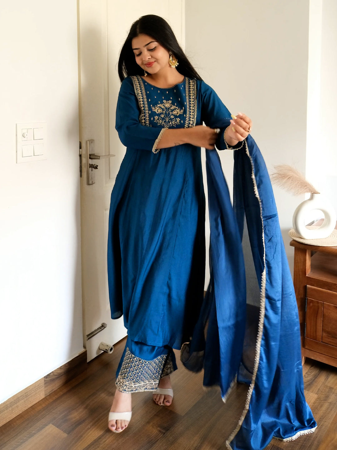 Ninnique Women's Teal Blue Chanderi Silk Zari Embroidered A-line Kurta Set