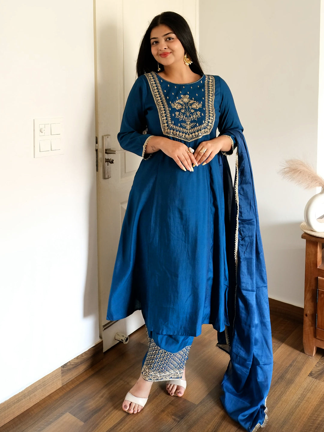 Ninnique Women's Teal Blue Chanderi Silk Zari Embroidered A-line Kurta Set